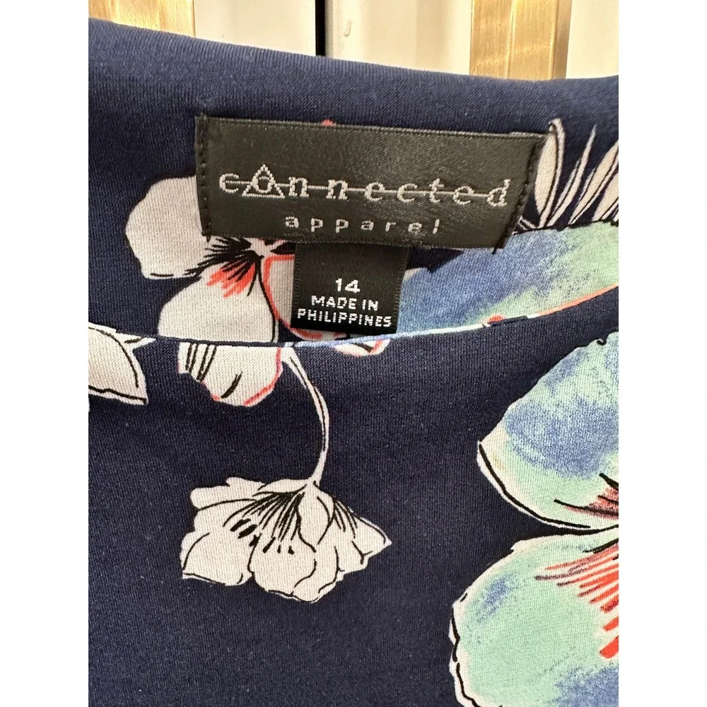 Connected Apparel Floral Bell Sleeve Faux Wrap Sheath‎ Dress Navy Coral 14